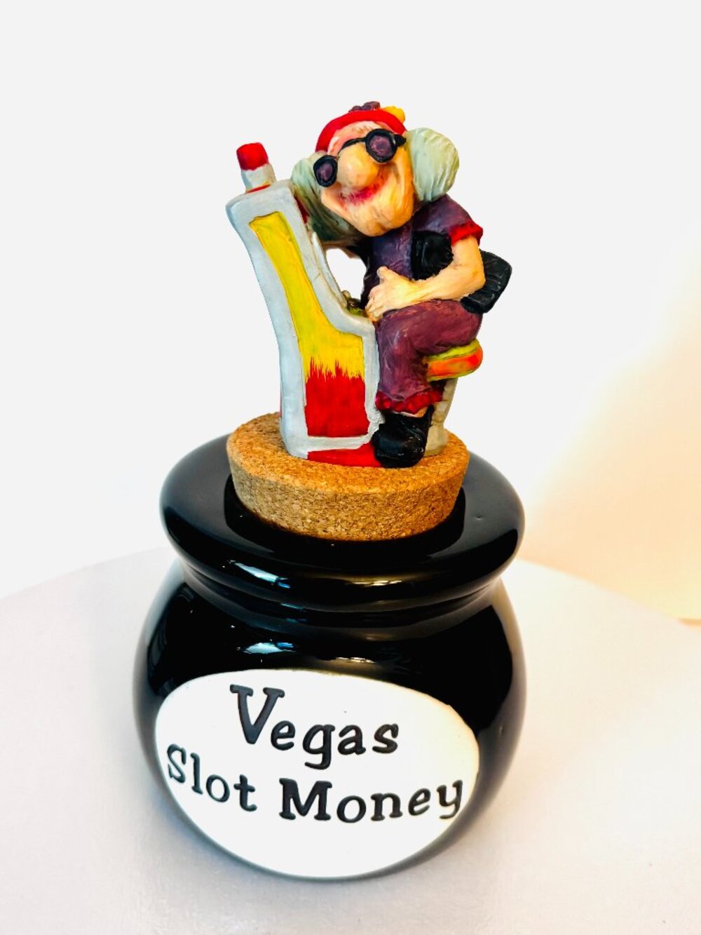 What a Concept Ceramic Coin Piggy Bank "Vegas Slot Money" Cork Lid Topped 8.5"